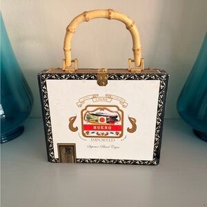 Bueno Cigar Box Handbag Bamboo Handle New York City Design Blue Beige Multicolor